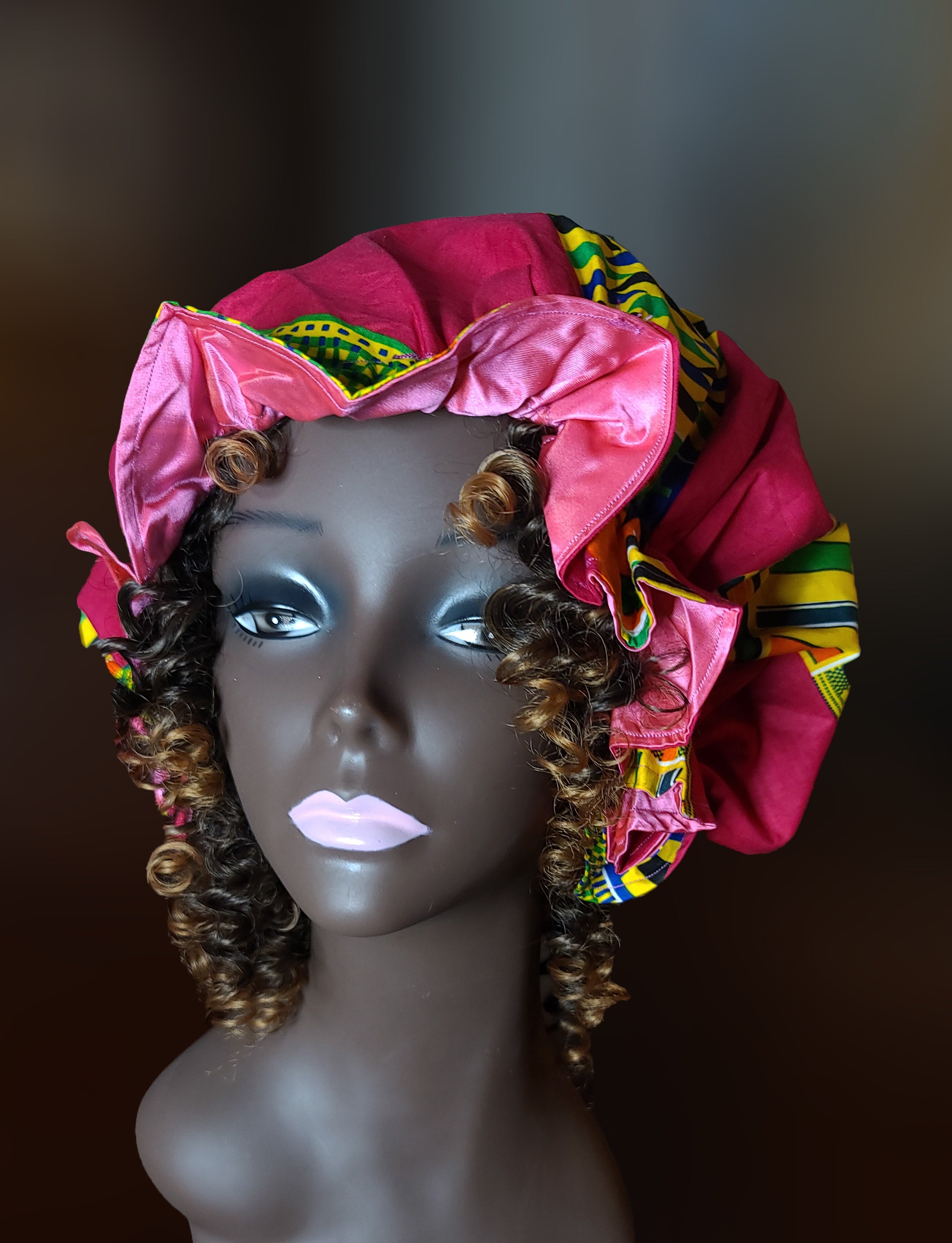 Artisan Satin Lined Pink Kente Bonnet