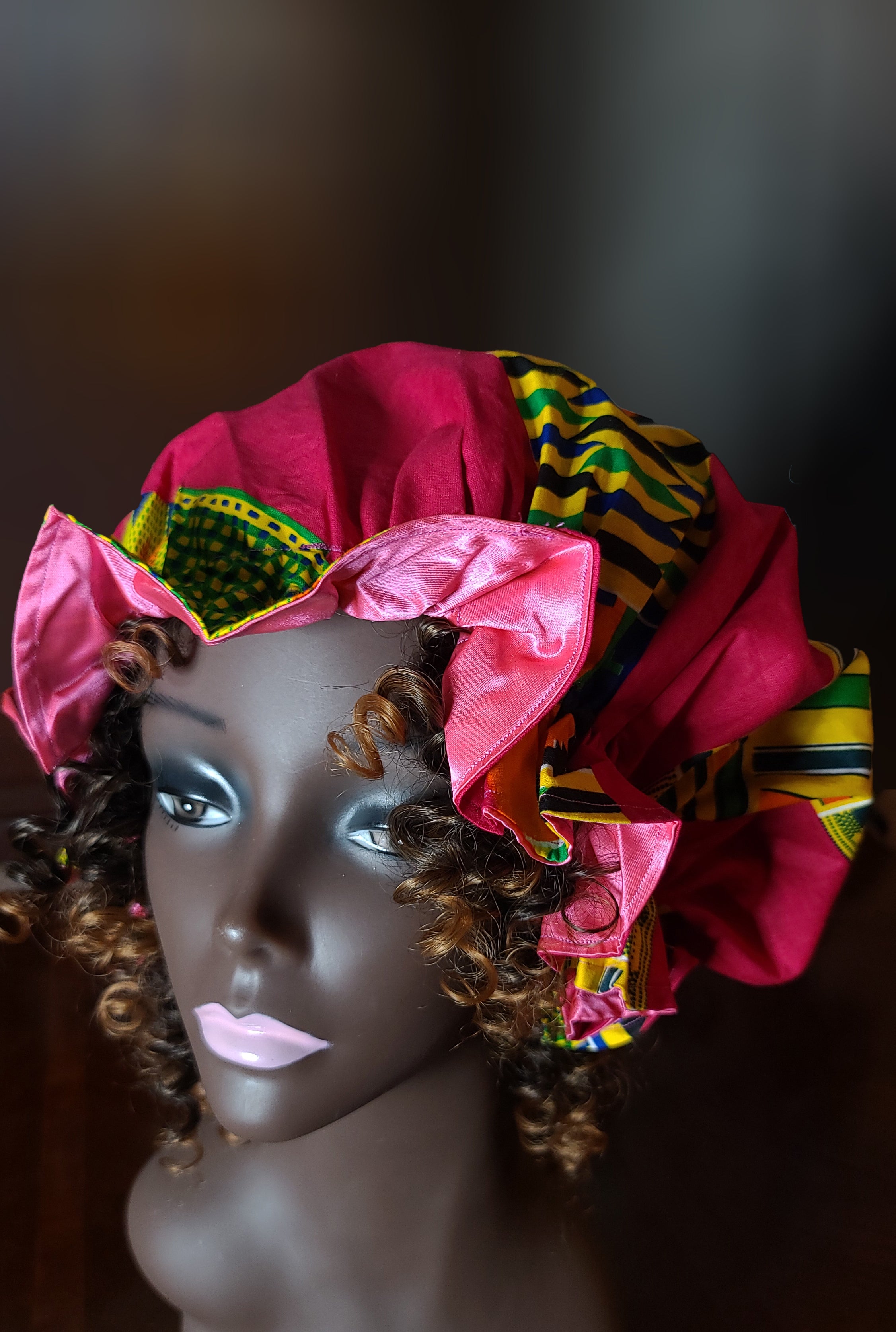 Artisan Satin Lined Pink Kente Bonnet